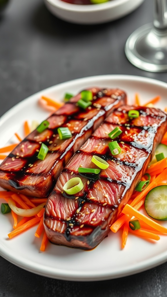 Pan-seared tuna steaks with ginger soy dressing, garnished with green onions and sesame seeds, served on a colorful vegetable bed.